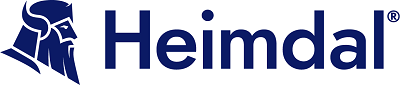 A blue and white logo for a company called heimdal