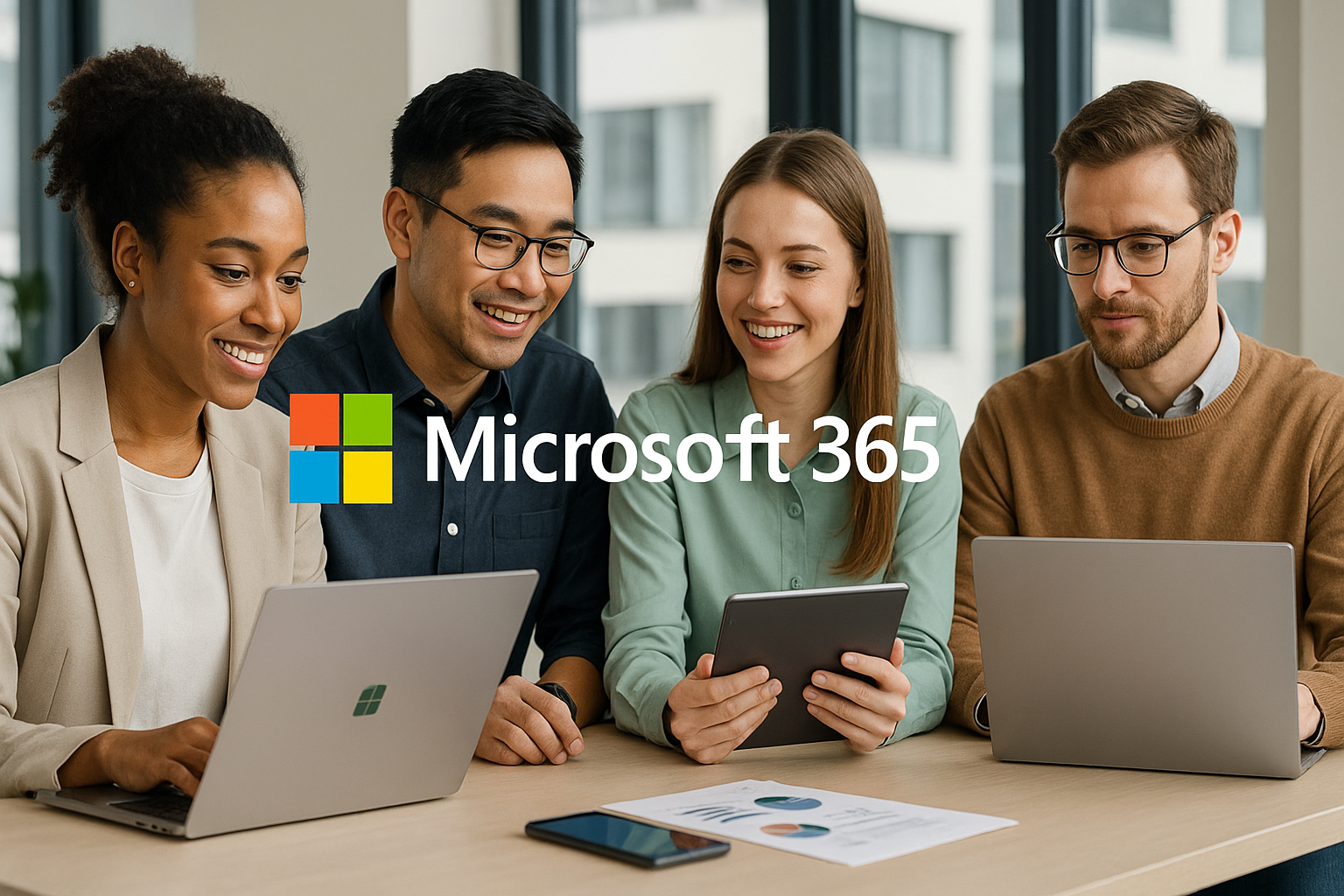 AI image of a team of people working at a desk looking at devices. Microsoft 365 logo is shown