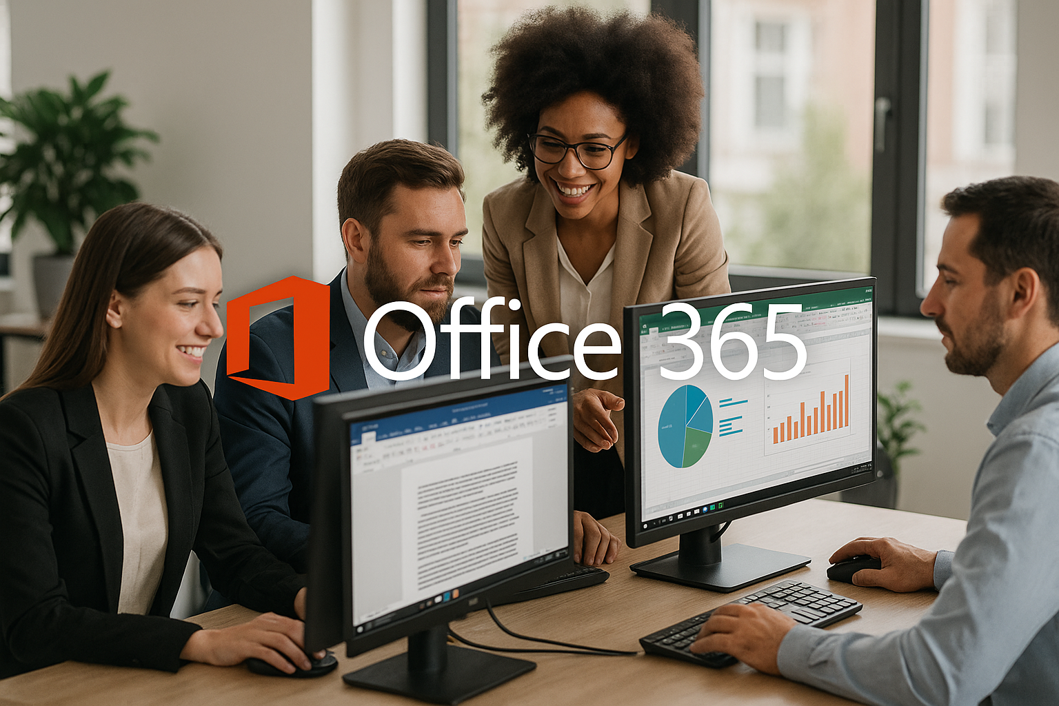AI image of a work team on a desk working on computers with the Microsoft Office 365 logo on