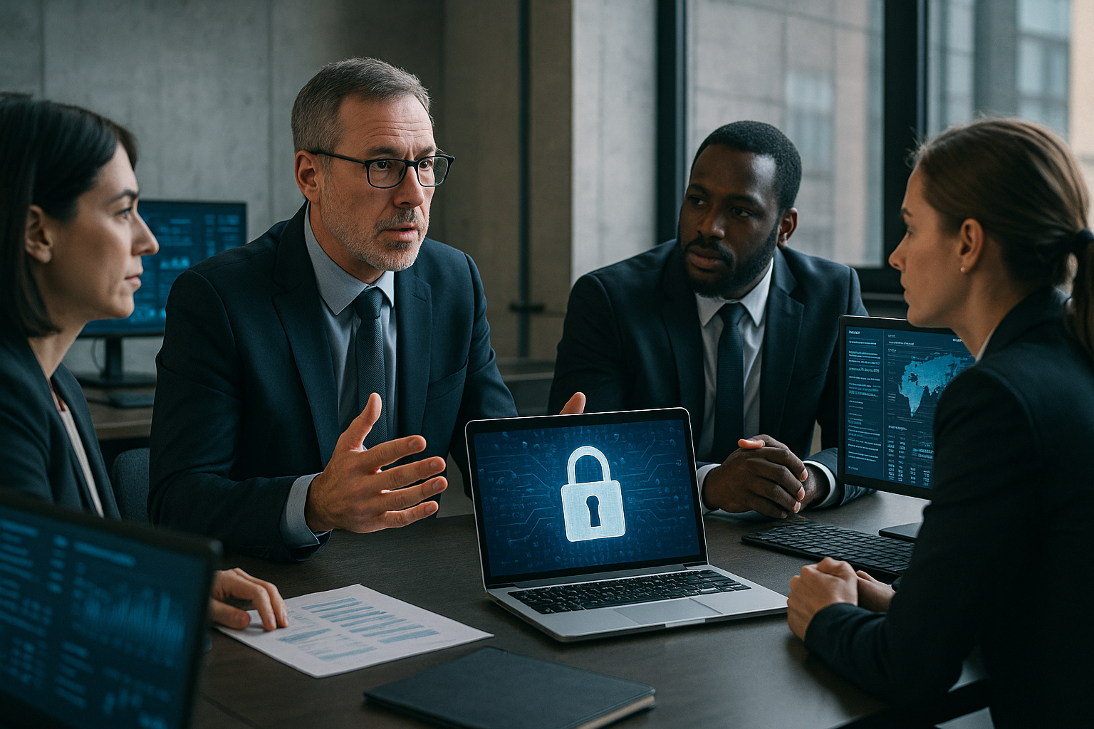AI image of people sat round a desk discussing cybersecurity in business.