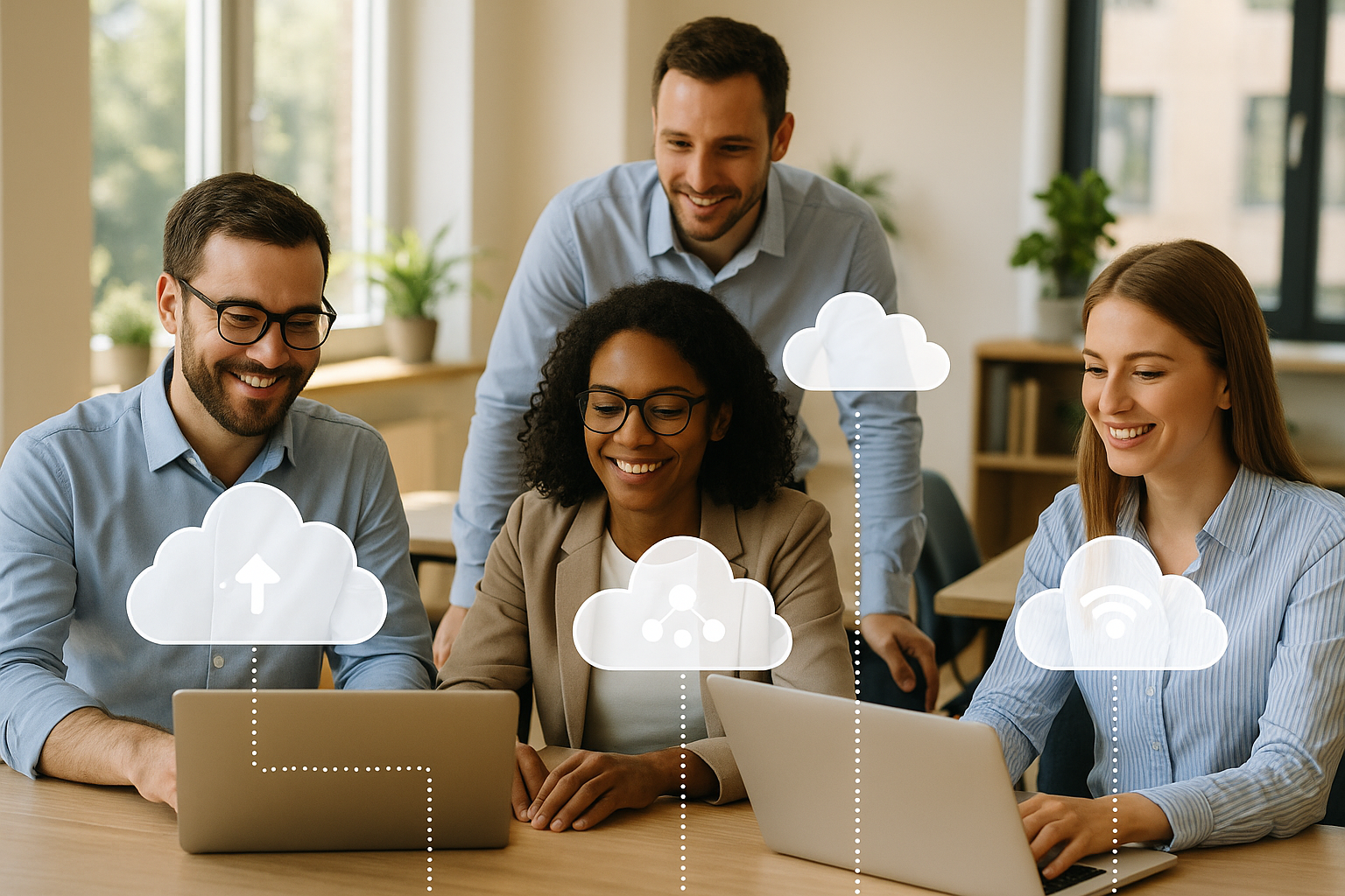 AI image of colleagues on laptops that are connected to the cloud