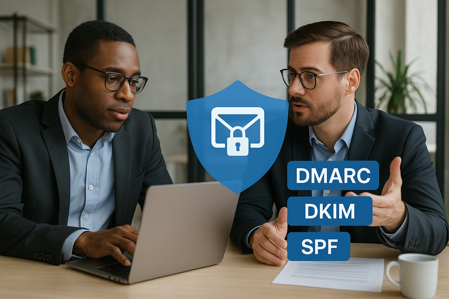 AI image of two office workers looking at each other. The  words DMARC, 