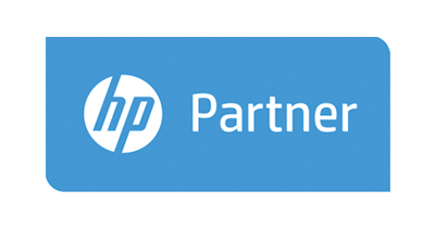 The hp partner logo is blue and white on a white background.