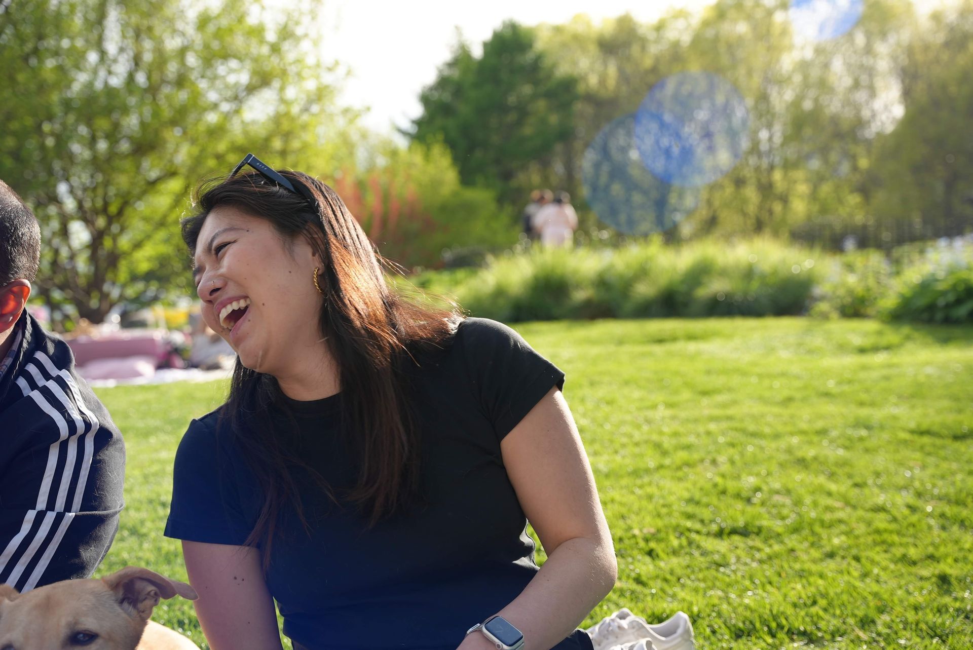 A woman is sitting on the grass with a dog and laughing.