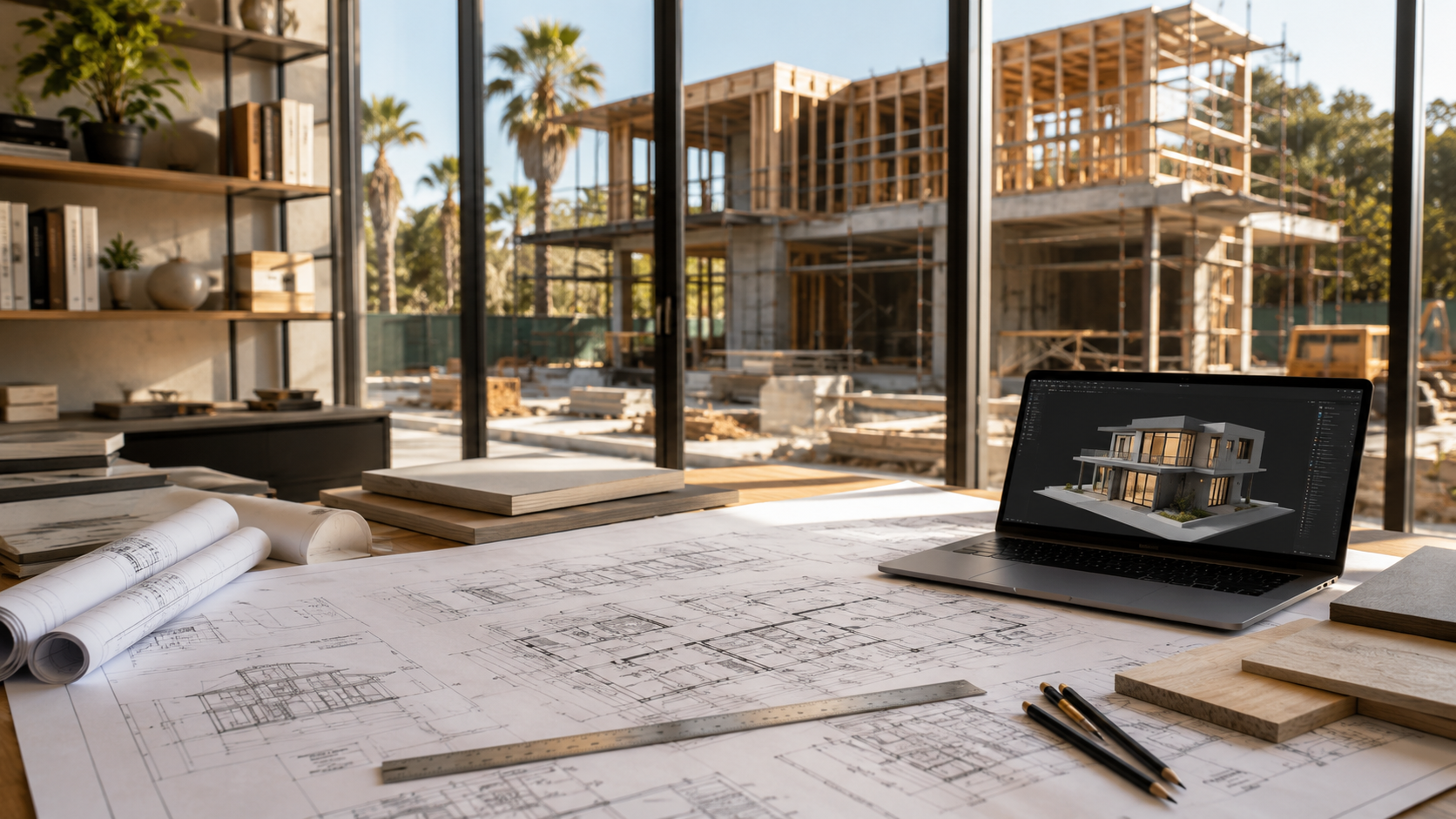 Architectural drafting desk with blueprints, laptop, and pencils overlooking a modern building under construction