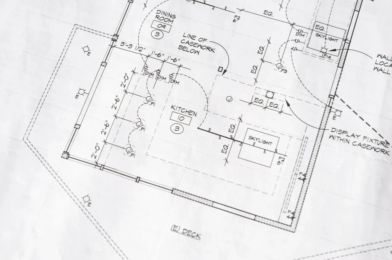 Architectural blueprint of a building layout, showing walls, deck, and other details with measurements and labels.