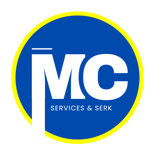 A blue and yellow logo for mc services and serk