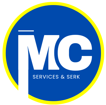 A blue and yellow logo for MC Services & Serk