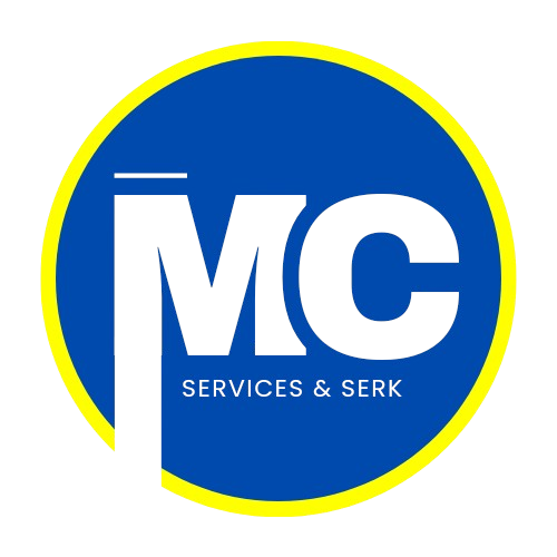 A blue and yellow logo for mc services and serk