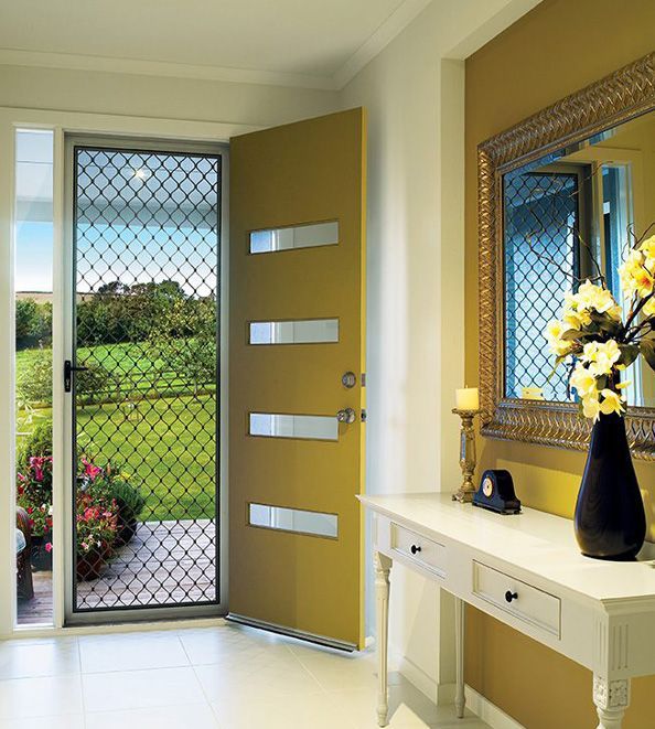 Detailed view of security door features, including a locking system
