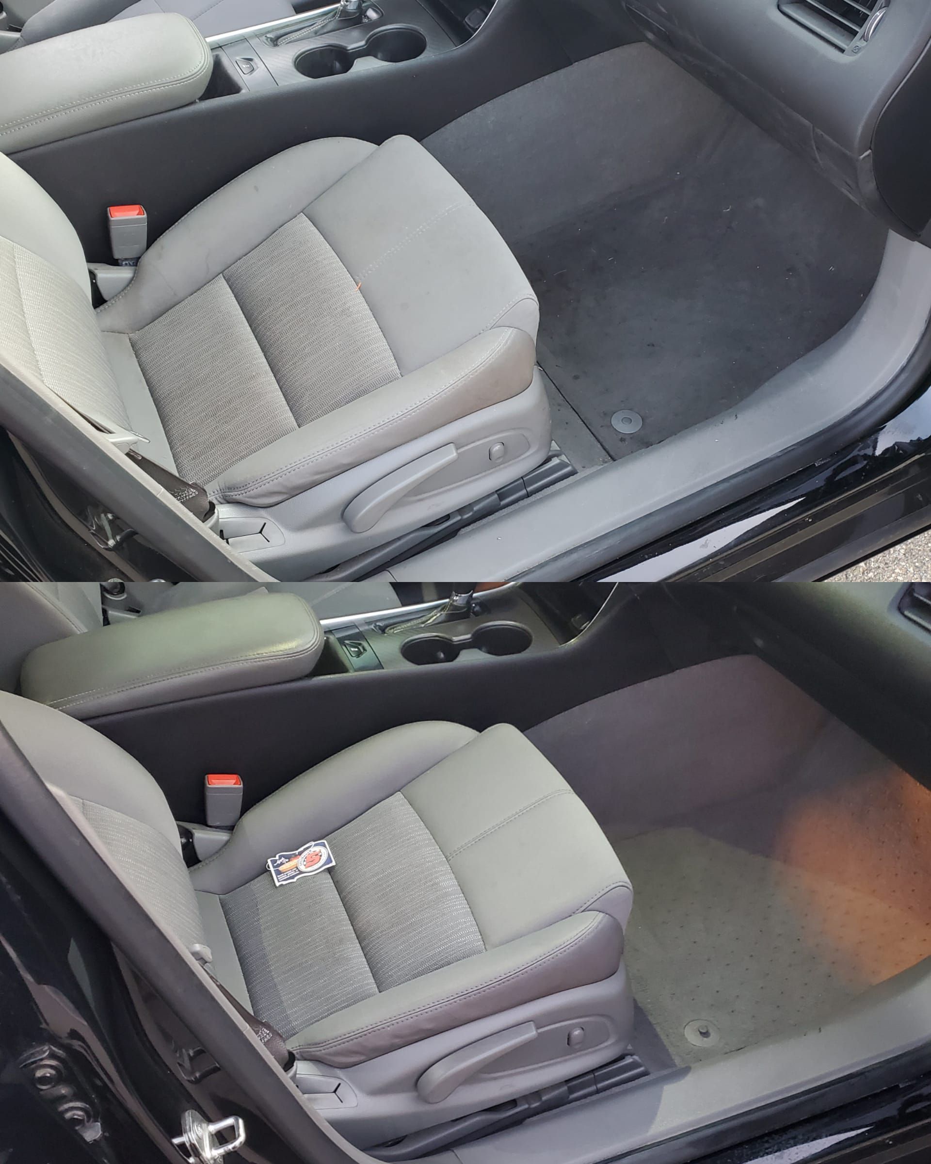 A before and after picture of the interior of a car