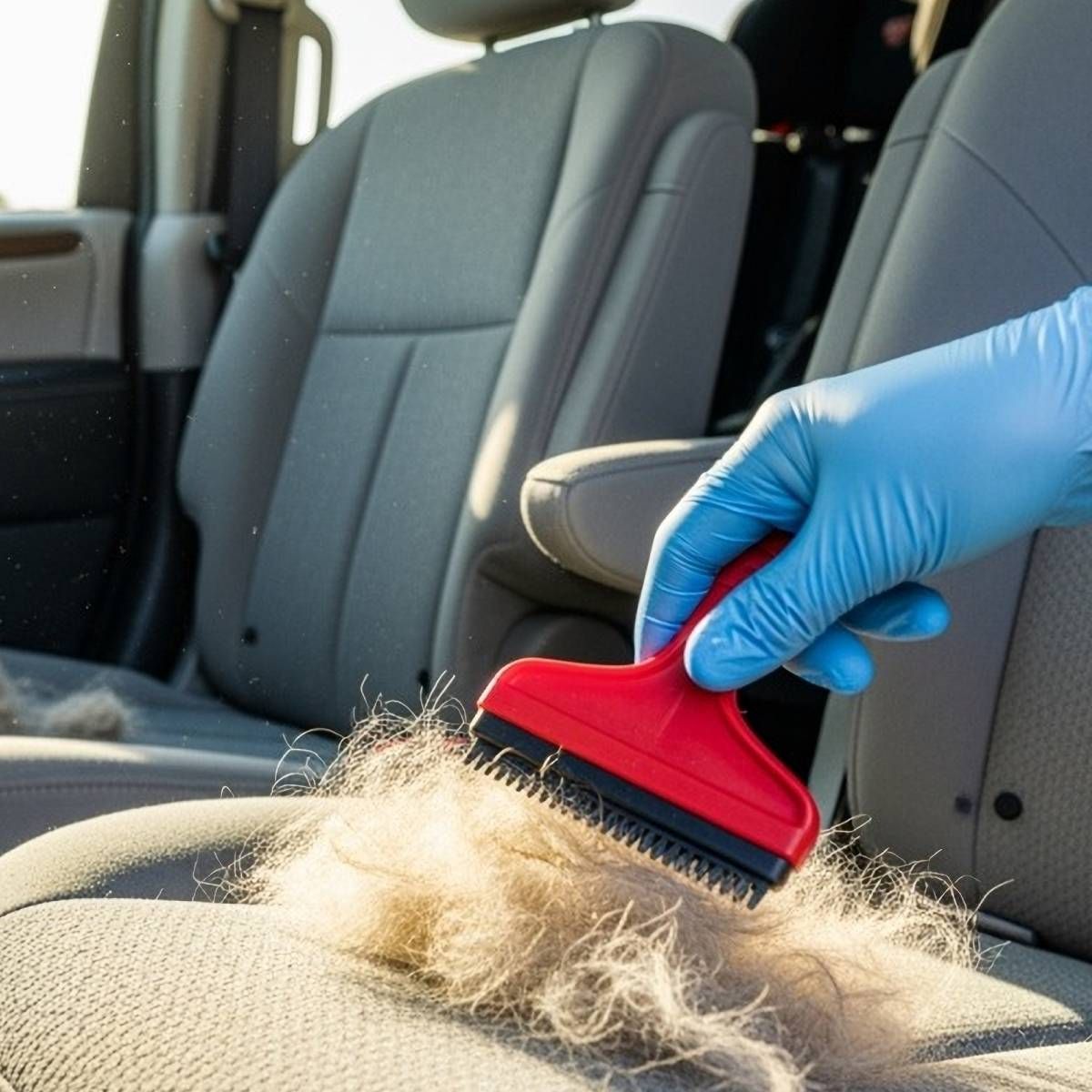 Person in blue glove using red brush to remove pet hair from car seat.
