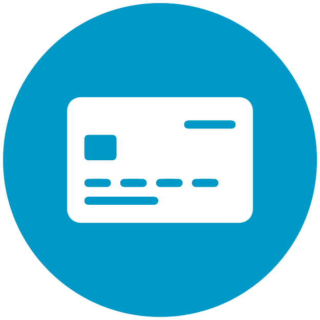 An icon of a credit card in a blue circle.