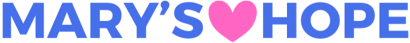Mary's Hope logo: blue text, heart with a mother and child, and green leaves.