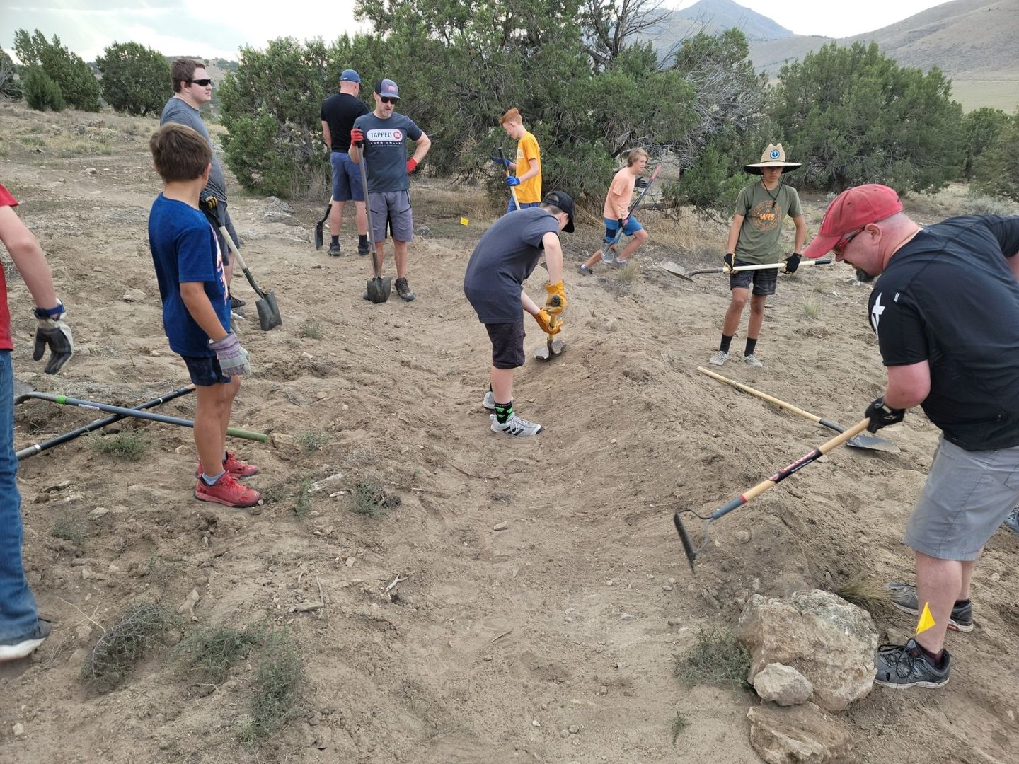 A group of people are digging in the dirt with shovels.