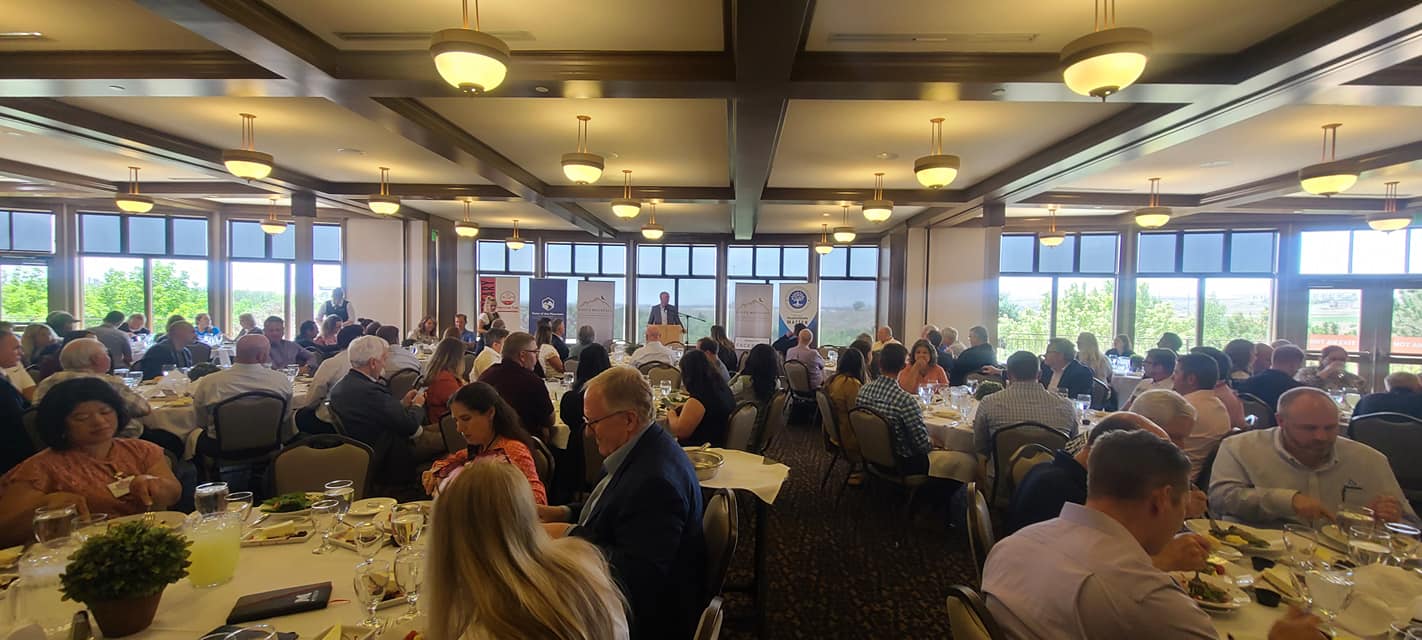 A large group of people are sitting at tables in a large room.