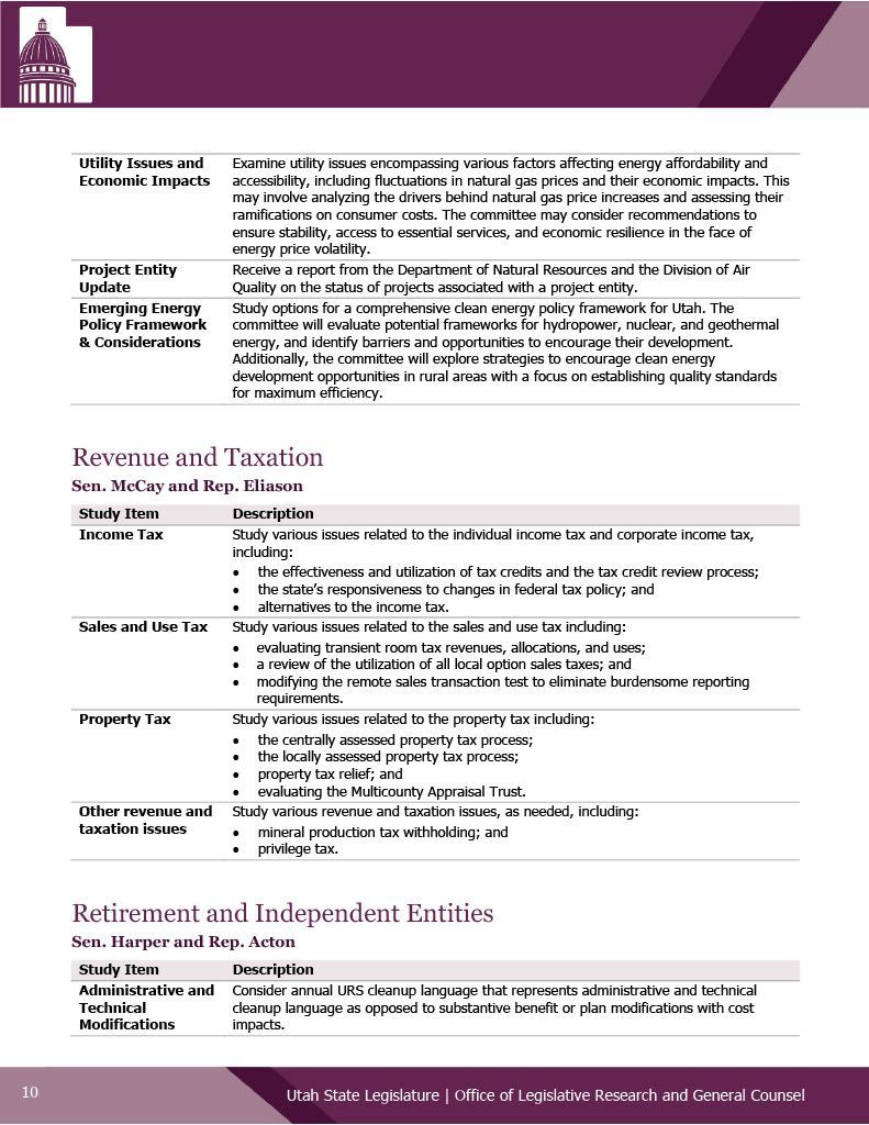 A purple and white page with a table on it.