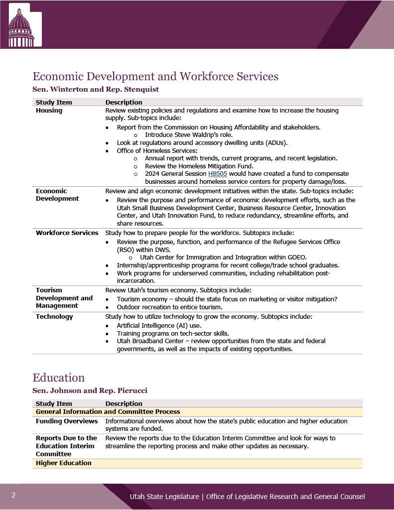 A purple and white page with a lot of text on it.