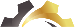 A black and gold logo on a white background.