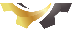 A gold and black logo on a white background.