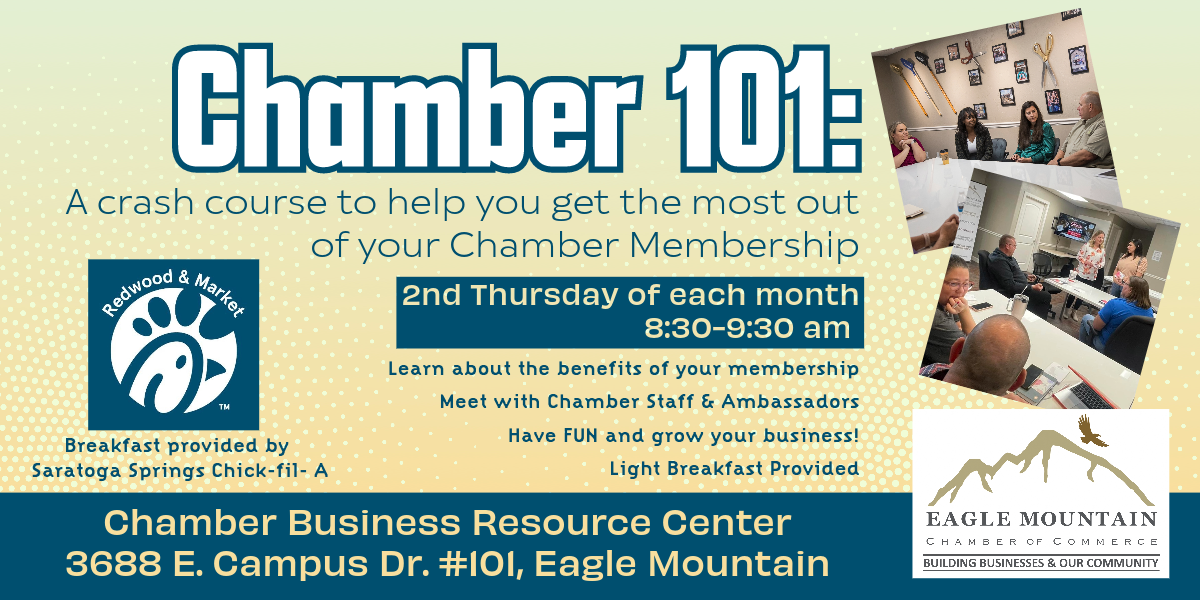 An advertisement for chamber 101 a course to help you get the most out of your charter membership