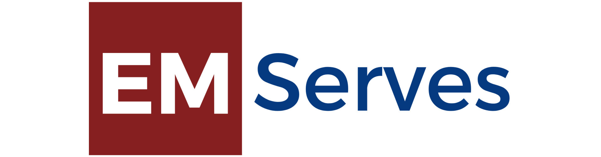 A red and blue logo for em serves