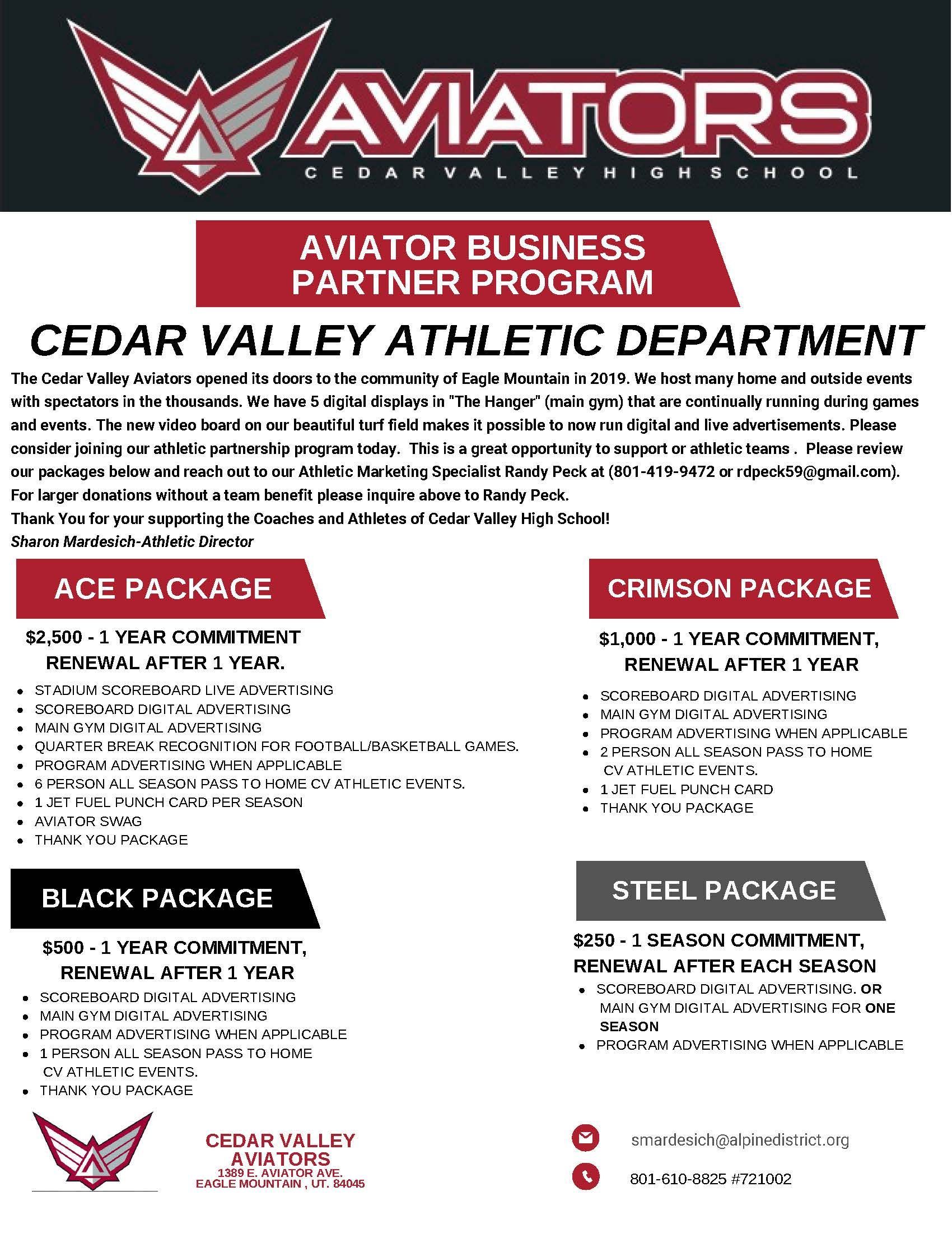 A flyer for the aviator business partner program at cedar valley high school.