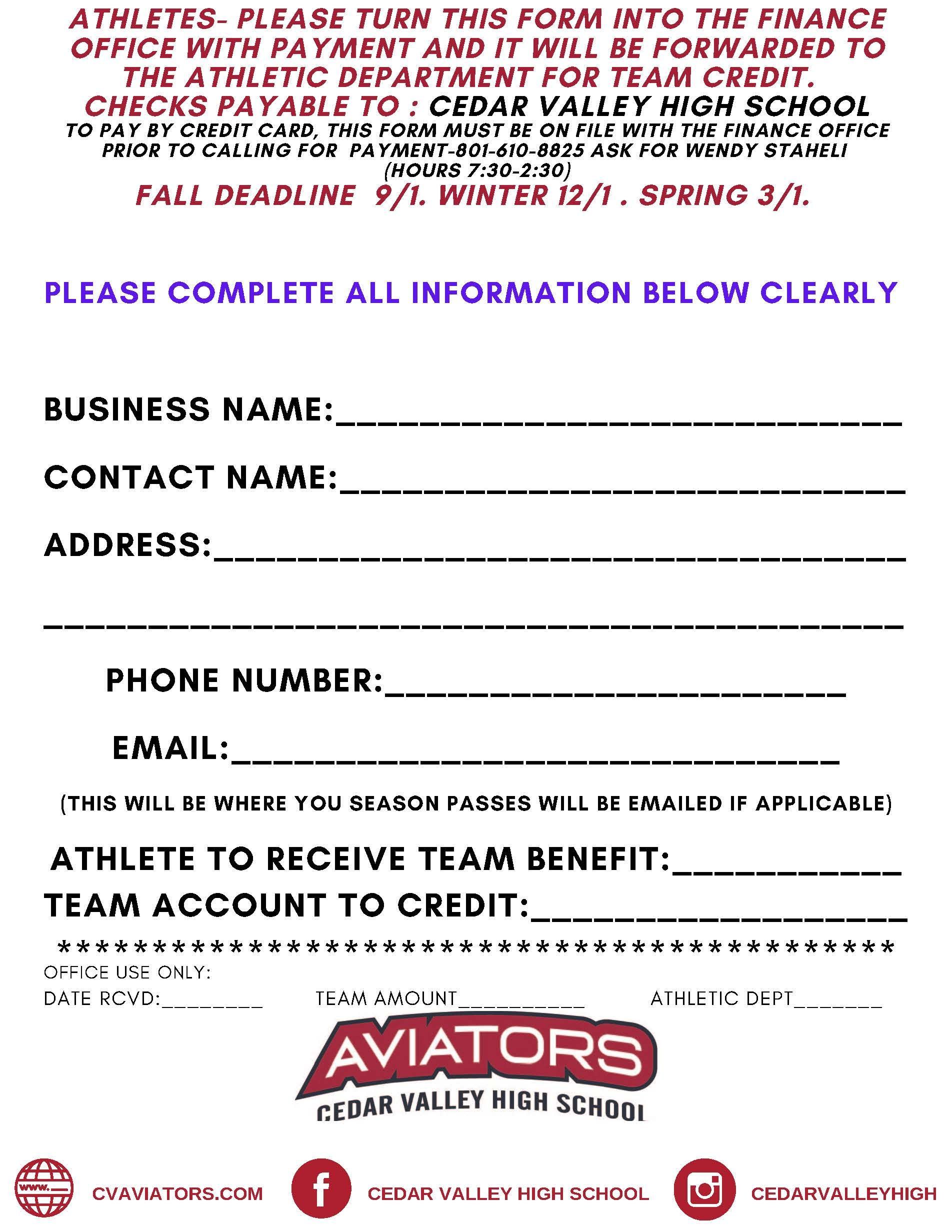 A form for athletes to turn this form into the finance office 