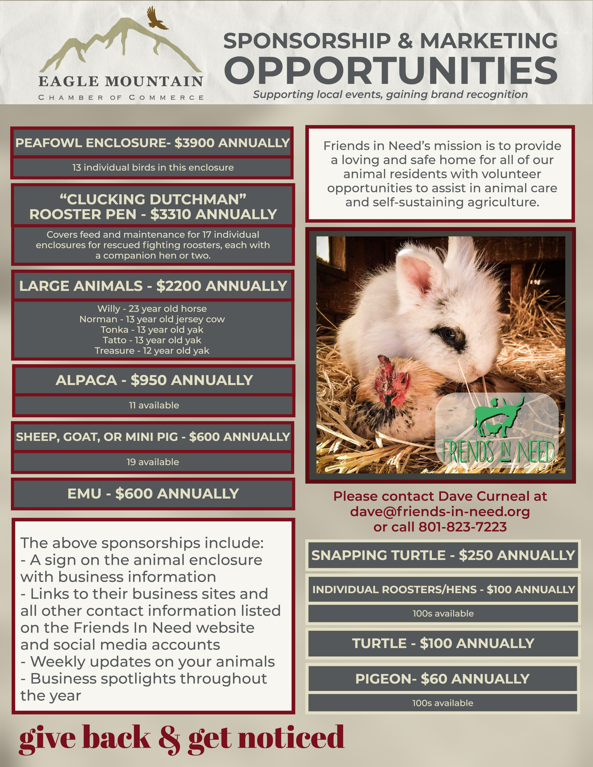 A flyer for sponsorship and marketing opportunities with a picture of a rabbit and a chicken.
