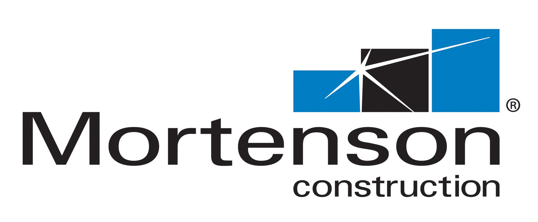 A mortenson construction logo with a blue and black graphic on a white background.