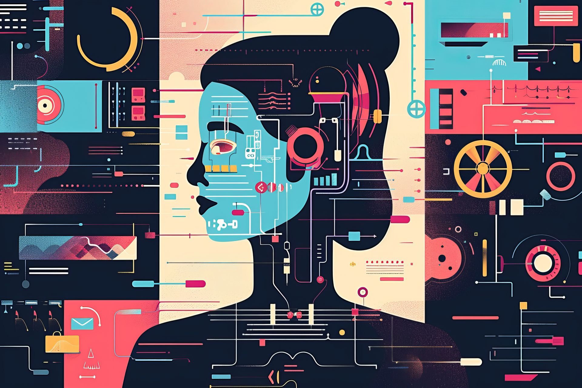 A woman's face with computer circuits and gadgets