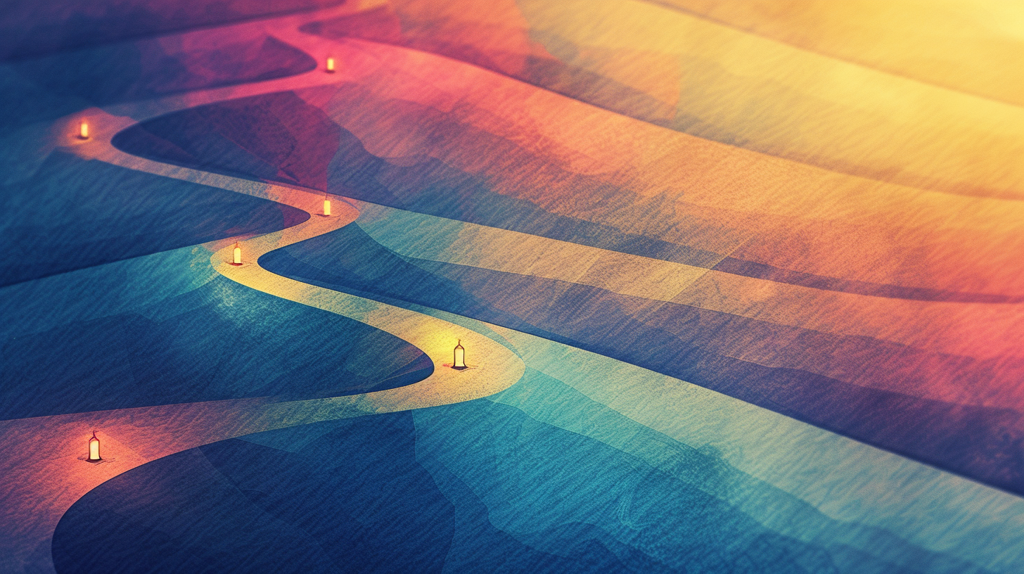 A winding mountain path with glowing waypoints, representing the natural checkpoints nonprofits can use to assess Fractional CDO integration progress.