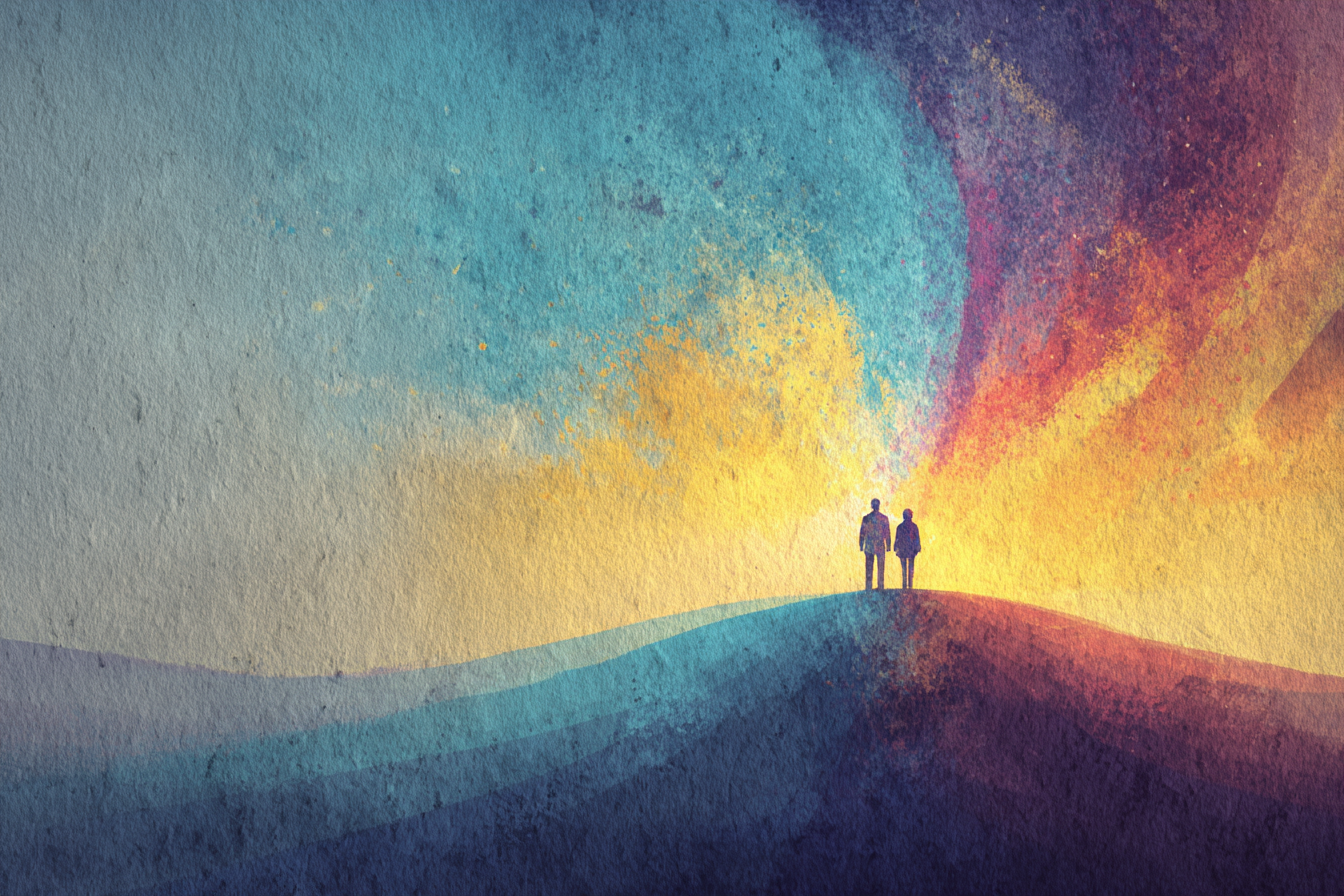 Team silhouettes viewing shared horizon together representing unified vision and collaborative nonprofit leadership communication