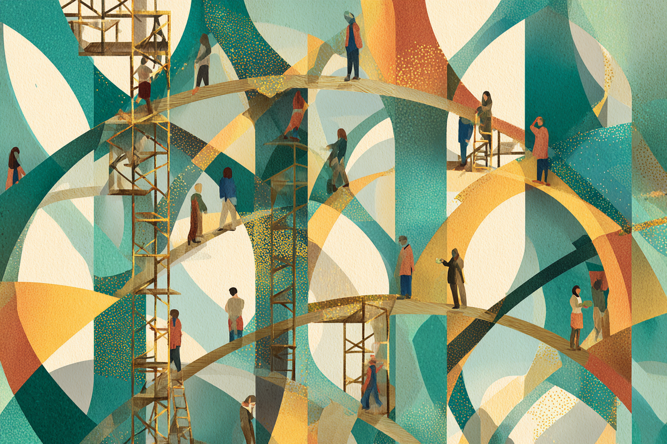 Abstract illustration of interlocking arches stitched together with a gold seam, symbolizing how nonprofit leaders build resilient teams by investing in staff development, wellness, and strong organizational culture.