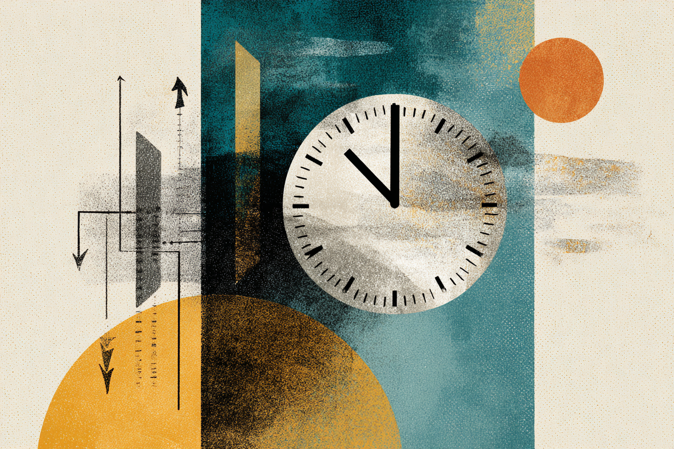 Minimalist collage of a clock, spreadsheet grid, and branching arrows, symbolizing how nonprofit leaders measure true ROI by accounting for time, energy, and opportunity costs in decision-making.