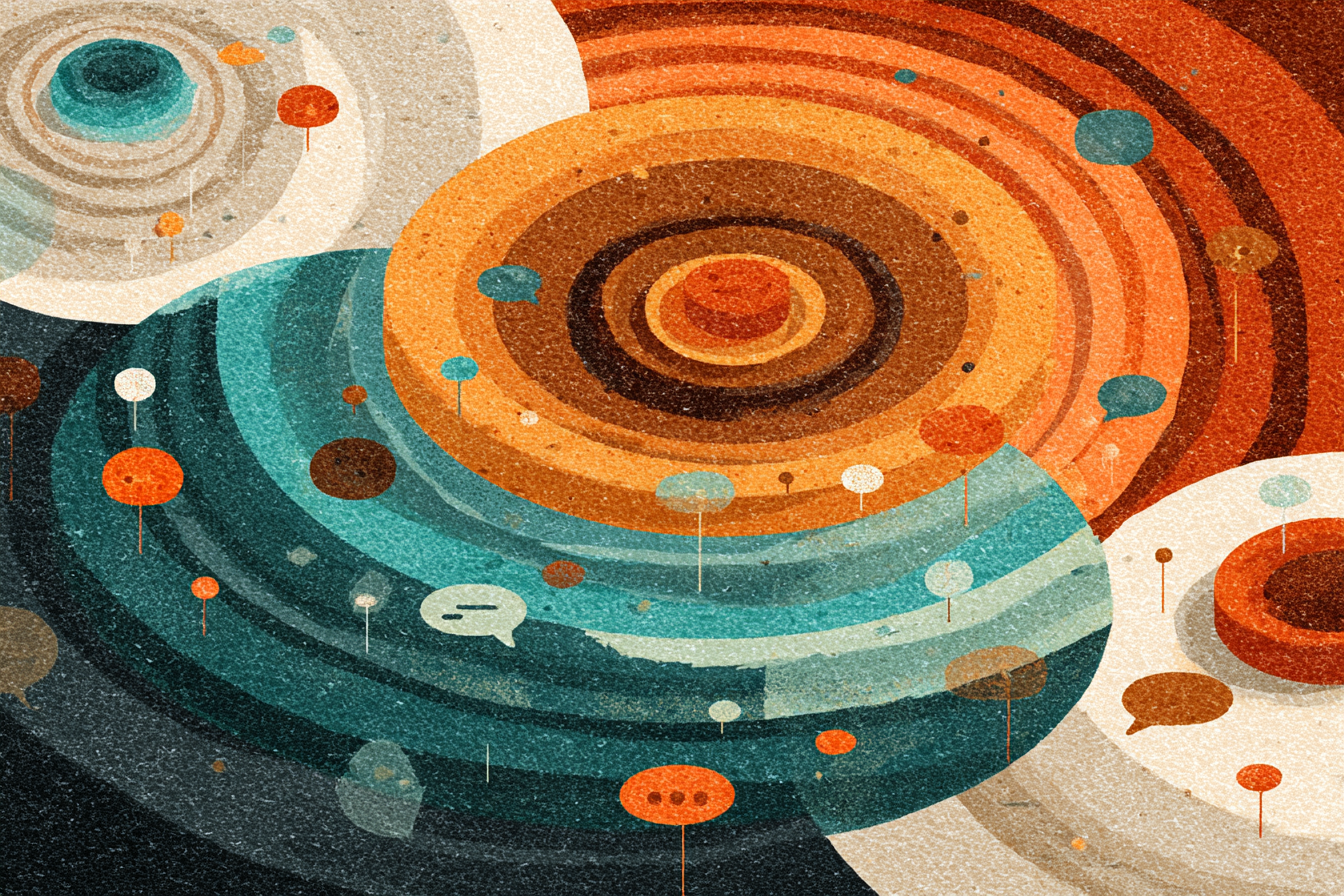 Abstract ripple of concentric rings spreading through connected nodes, illustrating how nonprofits build resilience by making mission stories easy to share with donors, volunteers, and communities.