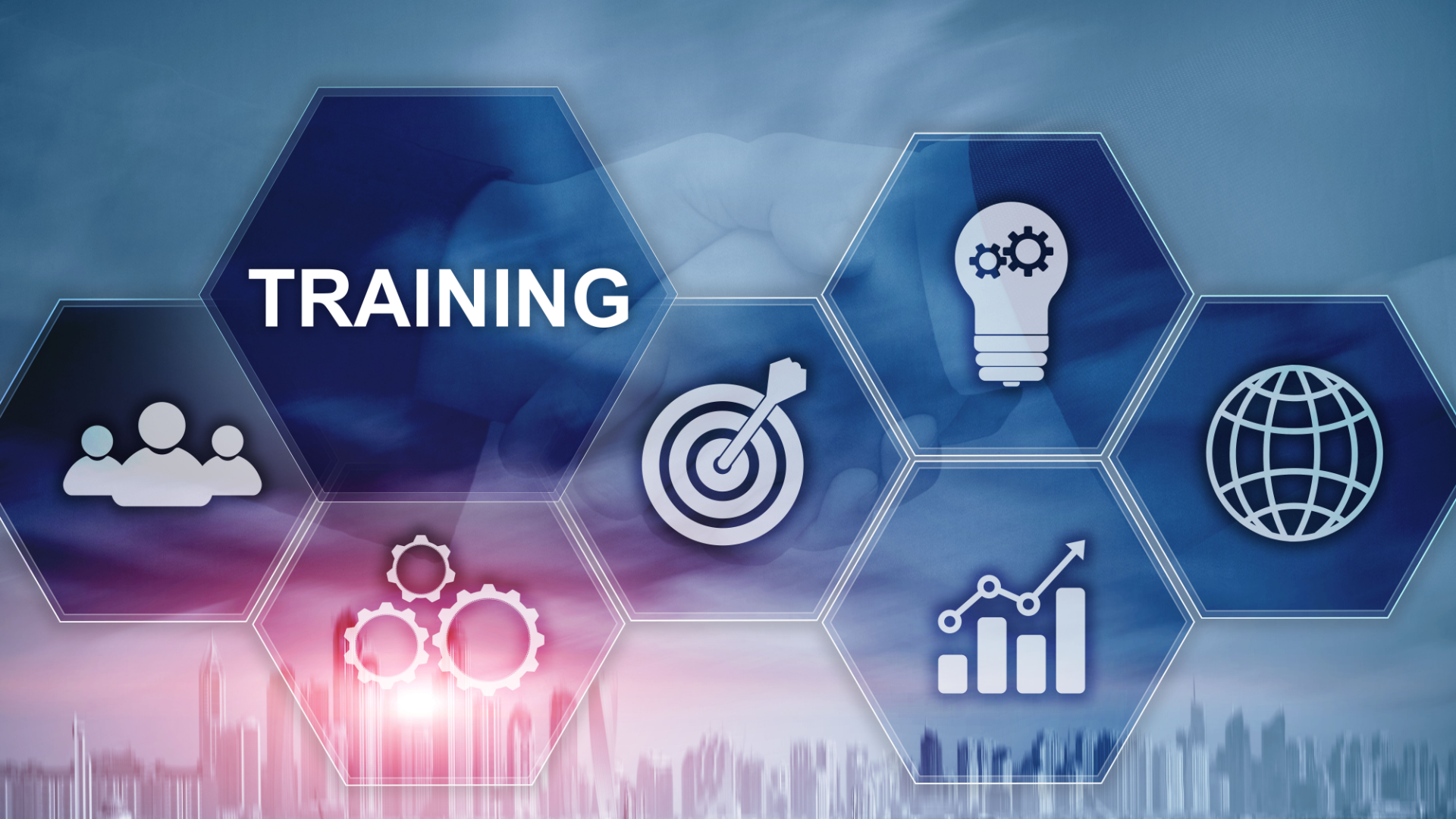 The word training is on a blue background with a city in the background