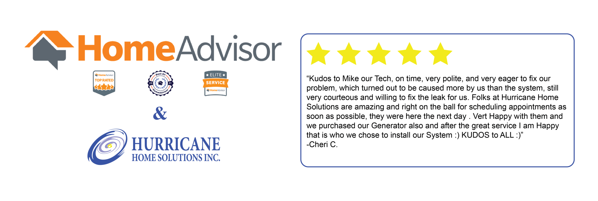 A 5-Star Review on HomeAdvisor for Hurricane Home Solutions