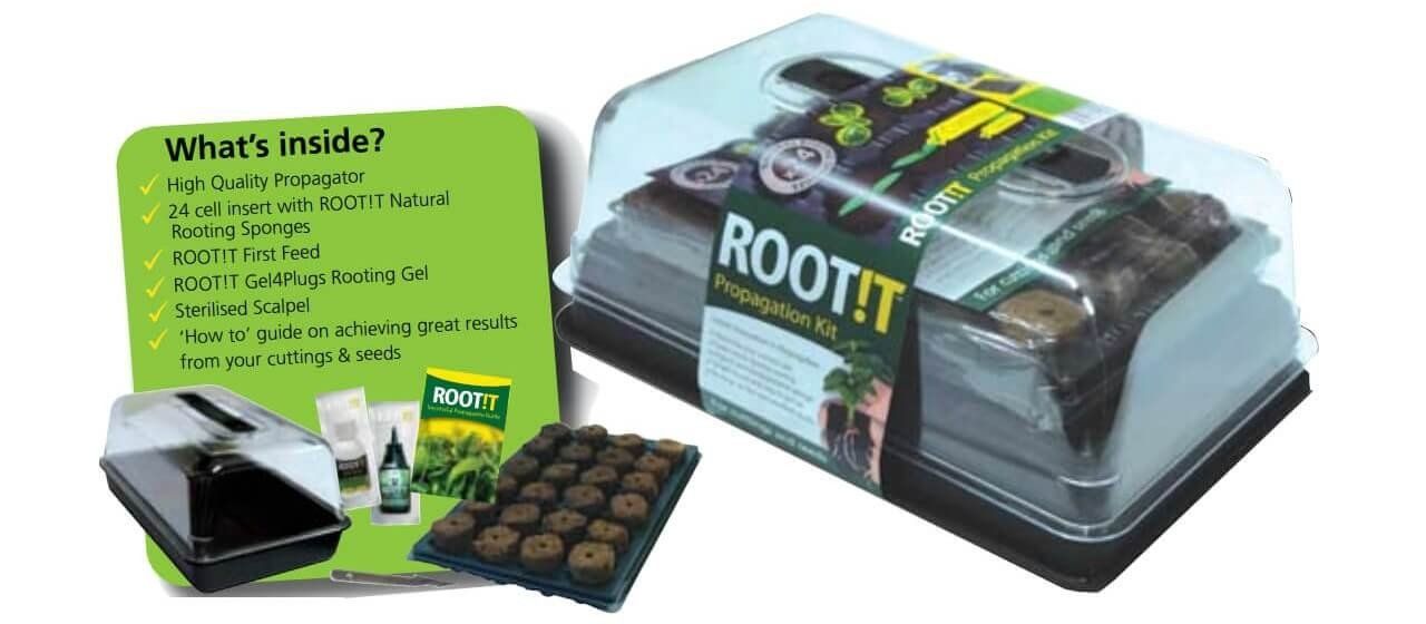 The ROOT!T plant propagation kit which includes sponges, first feed, rooting gel and a scalpel