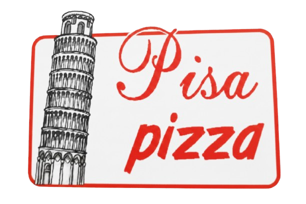 Logo for Pisa Pizza: Leaning Tower of Pisa, red text on white rectangle.