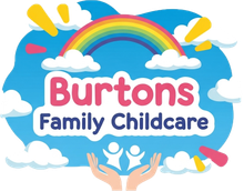 Logo for Burtons Family Childcare: Rainbow, clouds, and hands holding figures.