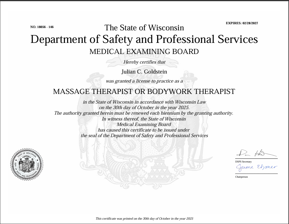 Wisconsin Department of Safety and Professional Services medical examining board certificate for massage therapist/bodywork therapist
