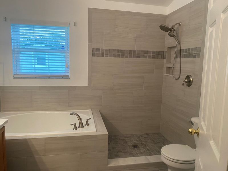 Bathroom with tub, shower, and toilet; gray tile walls and floor.
