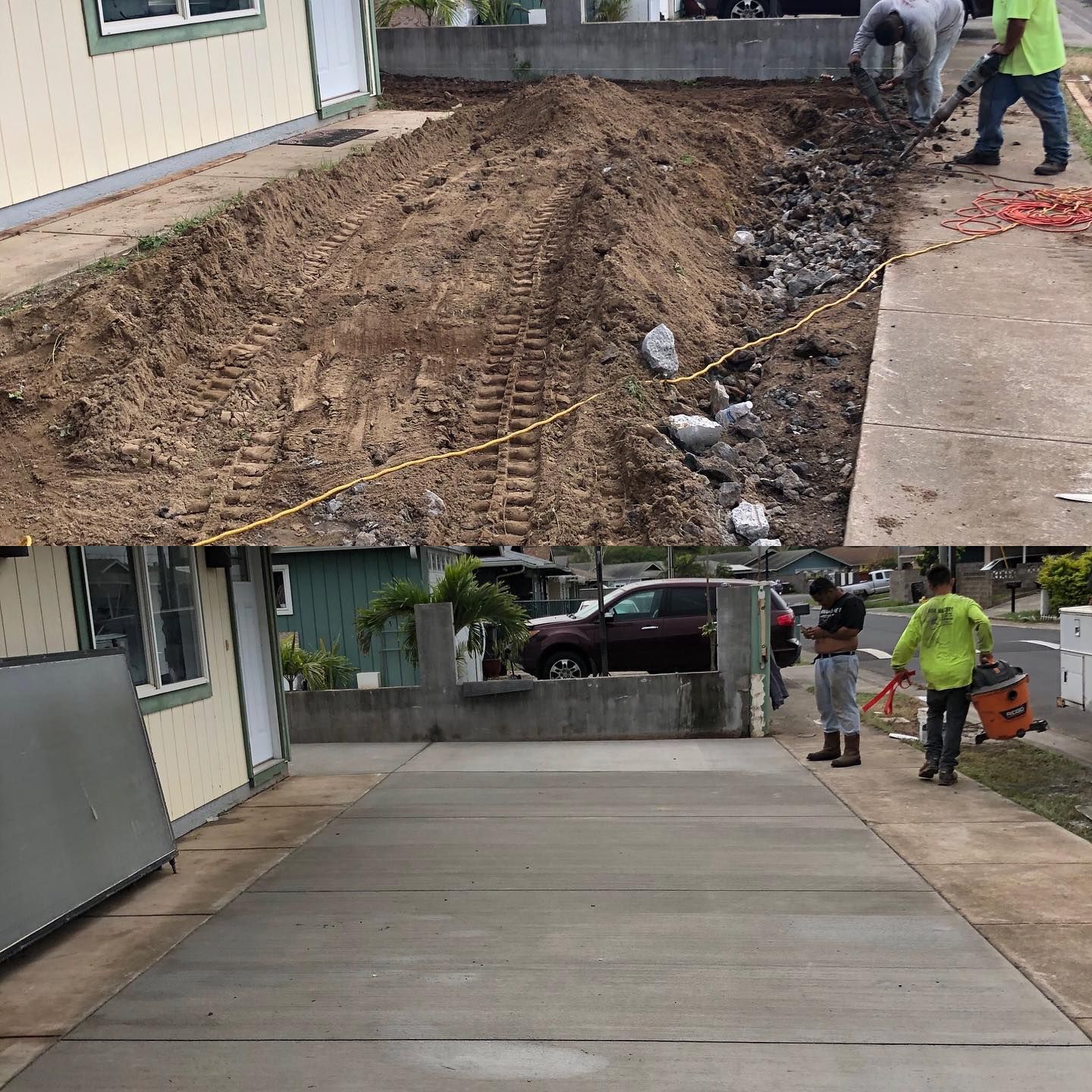 A collage of pictures of a construction site and a concrete driveway.
