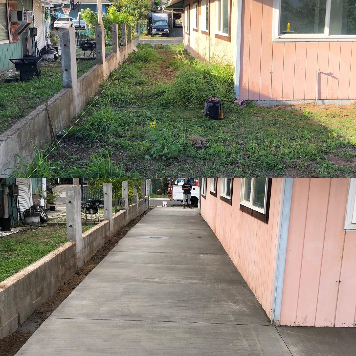 A before and after picture of a concrete walkway leading to a house