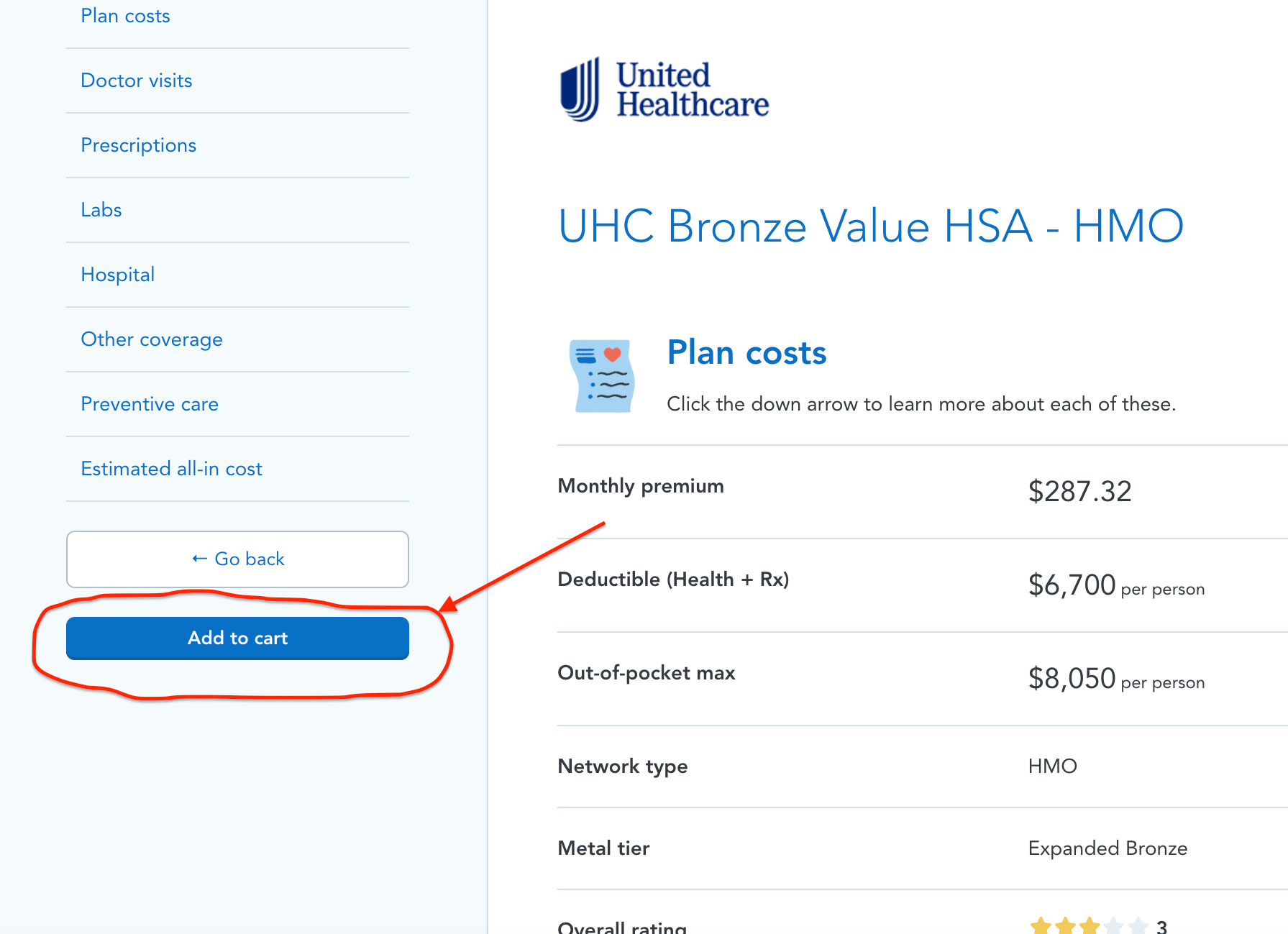 Step 6: Click “Add to cart” to enroll in the ACA health insurance plan that works best for you.