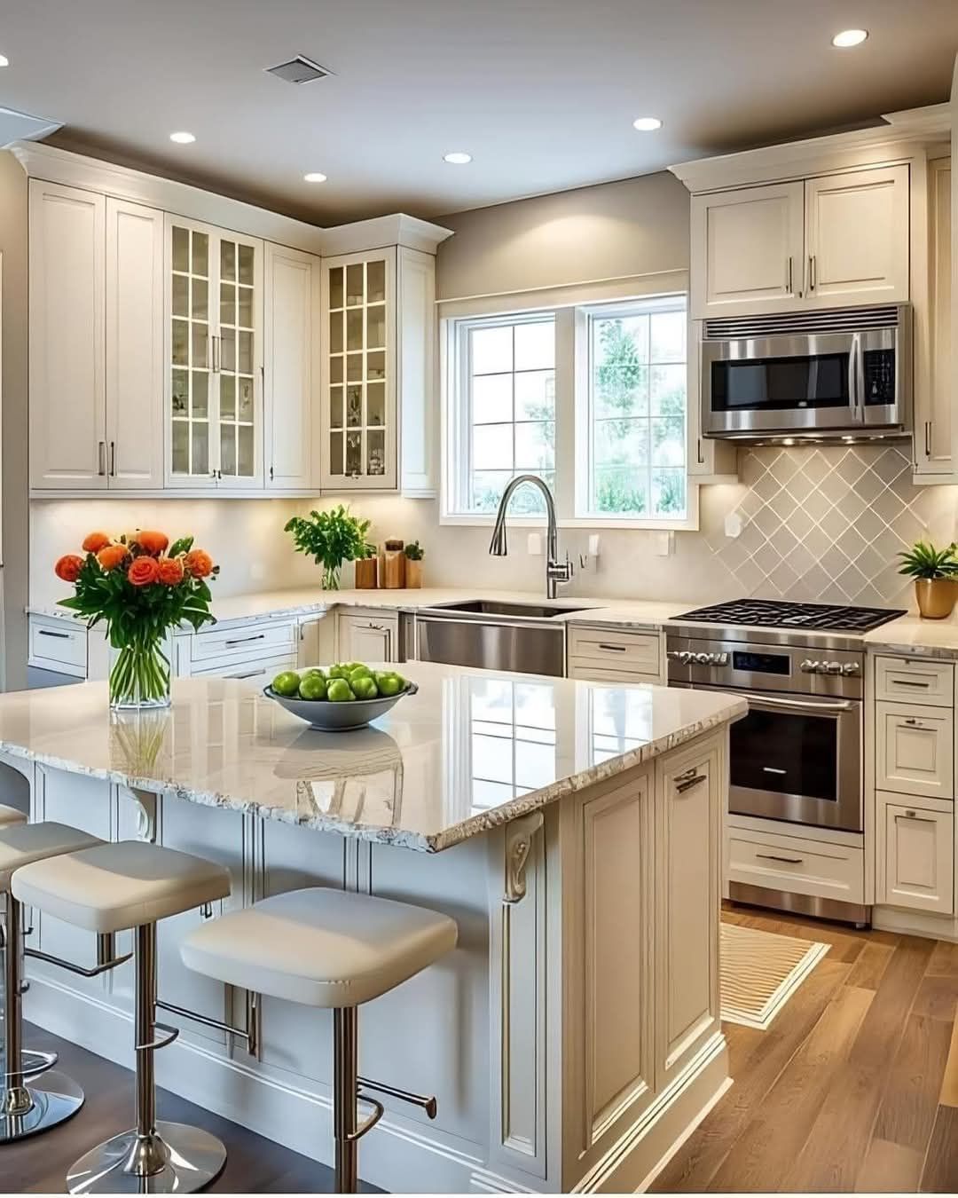 A kitchen with white cabinets and stainless steel appliances