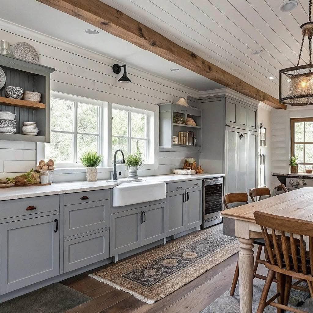 A kitchen with gray cabinets , a sink , a table and chairs.