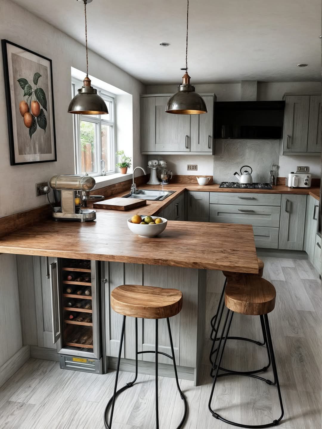 A kitchen with a wooden table and stools and a wine cooler.