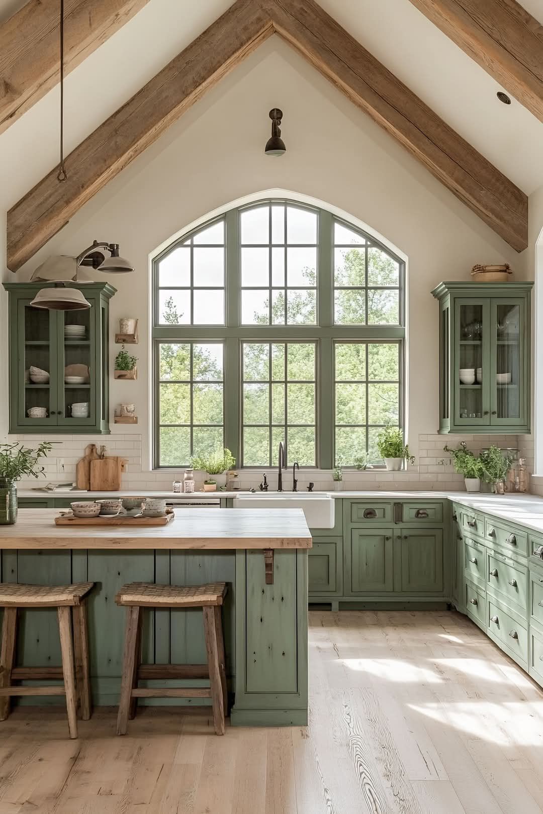A kitchen with green cabinets and a large window